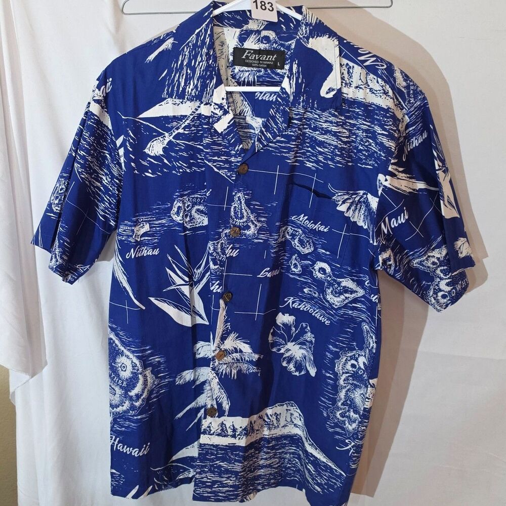 Favant 100% Cotton Hawaiian Shirt Island Map Floral Blue White Men's Size L